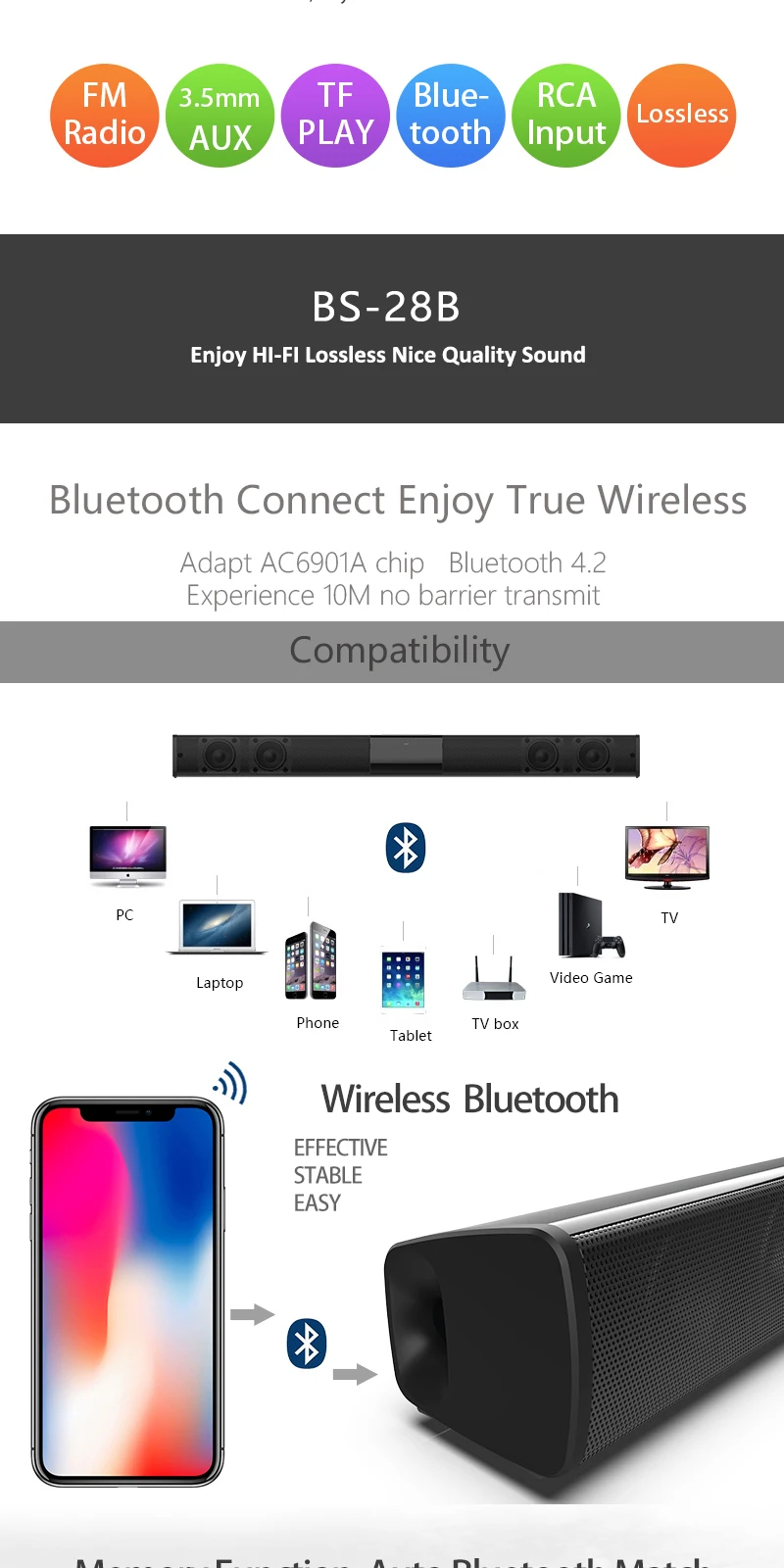 Беспроводной Саундбар 20 Вт Bluetooth динамик для ТВ домашнего аудио и видео с сабвуфером звуковая панель Поддержка FM TF с пультом дистанционного управления