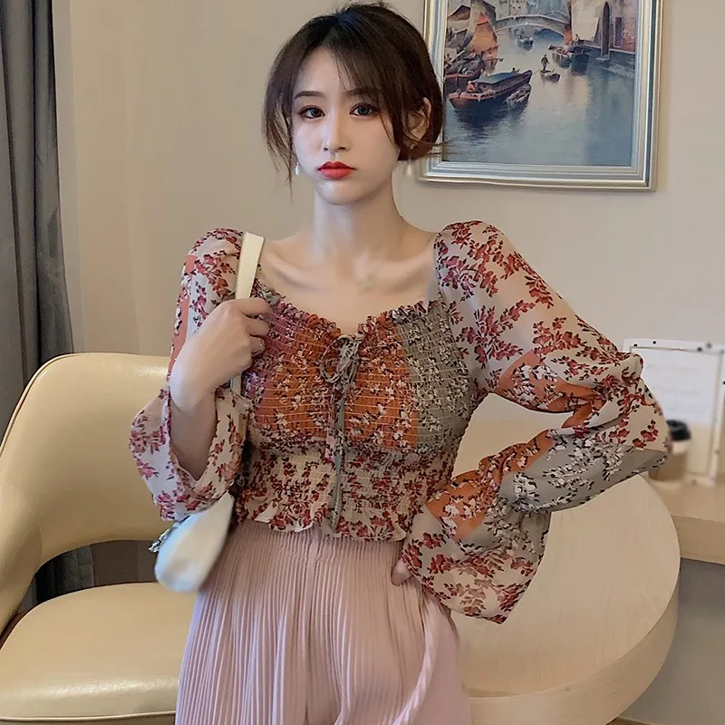 Women Blouses Sexy Korean Floral Patchwork Color Long Sleeve Chiffon Blouse One Size Femmes Shirt black long sleeve top