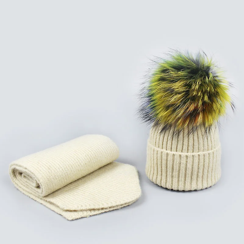 Новая зимняя шапка вязанная шапка набор с разноцветным меховым помпоном для детей взрослых уличная теплая Толстая Милая модная шапка бини шарф набор - Цвет: N