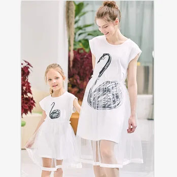 

European and American New Swan Figure Dress Parent-Child Matching Outfit Medium-Length Dress for Mother and Daughter