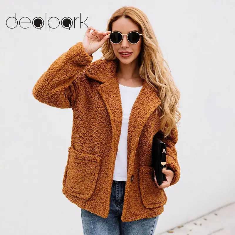 

2019 Winter Coat Women Fashion Teddy Jacket Pure Color Coat Turn-Down Collar Long Sleeve Overcoat Pocket Thick Jacket Outwear