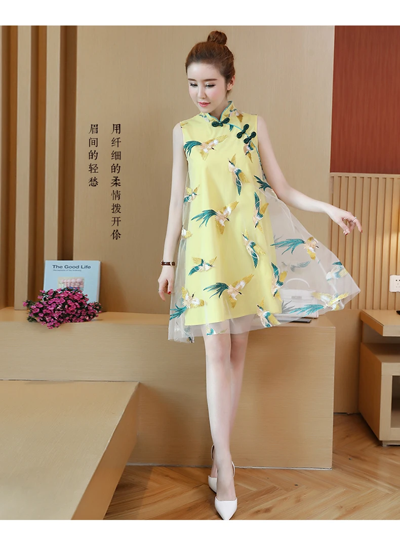Jl3306@ летняя одежда ретро китайский стиль улучшенный Cheongsam стиль вышивка Марлевое женское платье