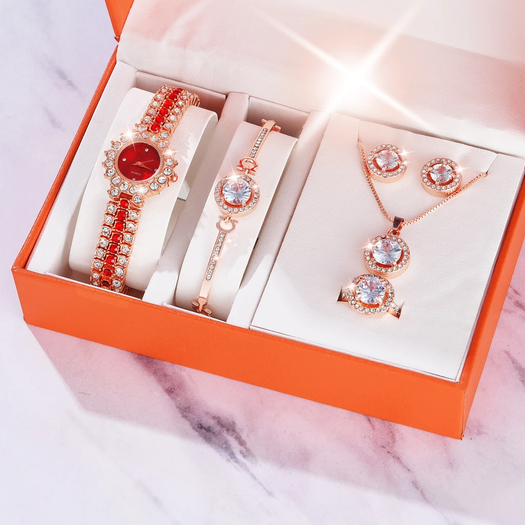 

6PCS Set Luxury Watch Women Quartz Watches Stainless Steel Rhinestone Fashion Women's Casual Dial Watches Ladies Bracele Clock