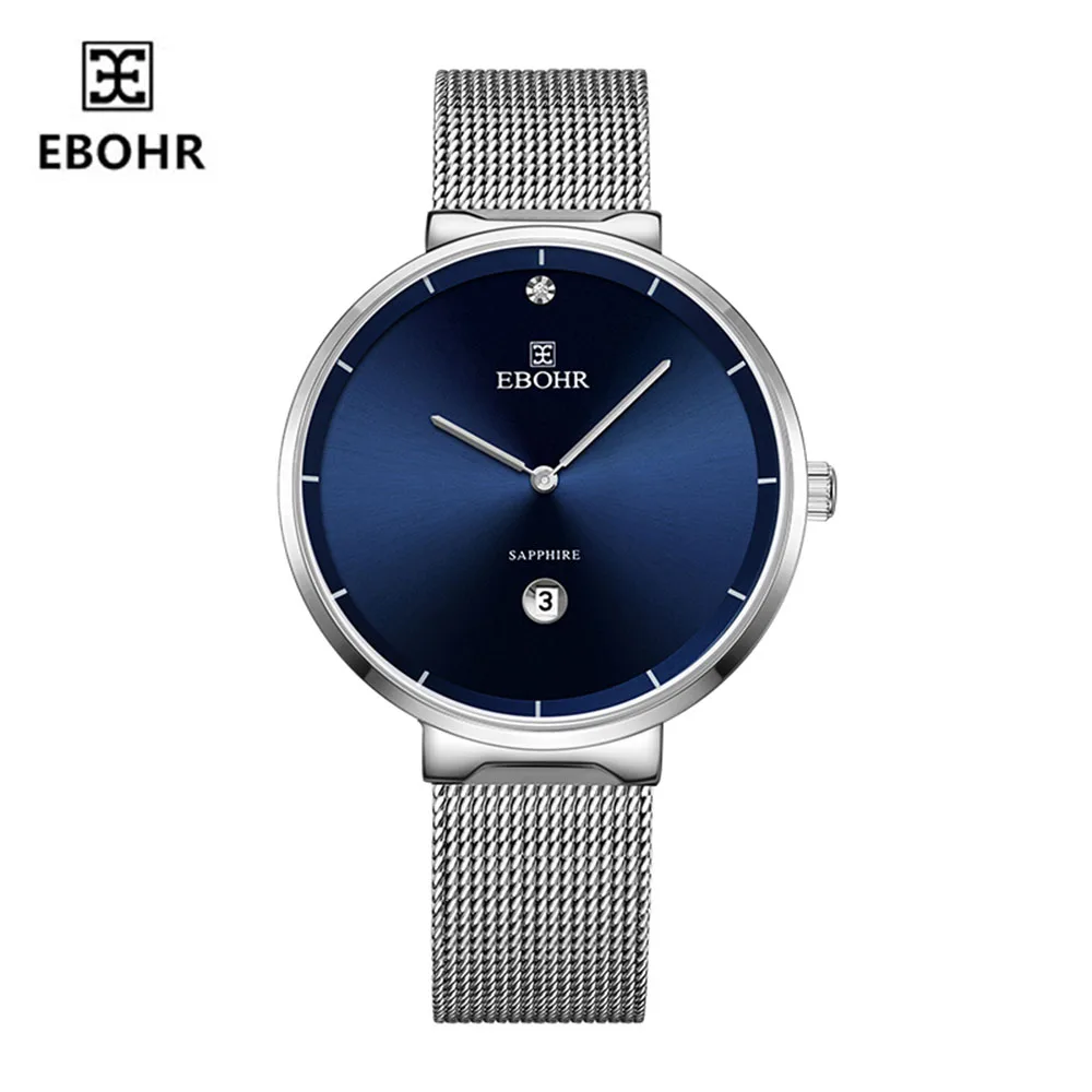 EBOHR simple quartz watch men and women fashion Milan woven steel belt waterproof calendar couple table 50730115 - Цвет: blue male