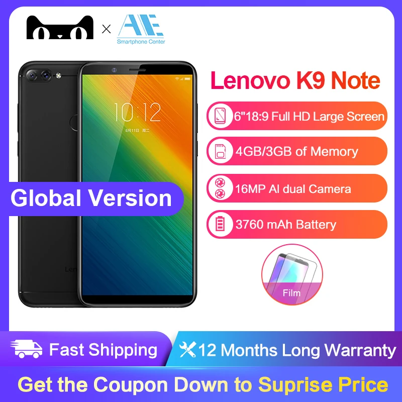 Мобильный телефон lenovo K9 Note 6 дюймов 4 ГБ 64 3760 мАч с функцией распознавания лица Android