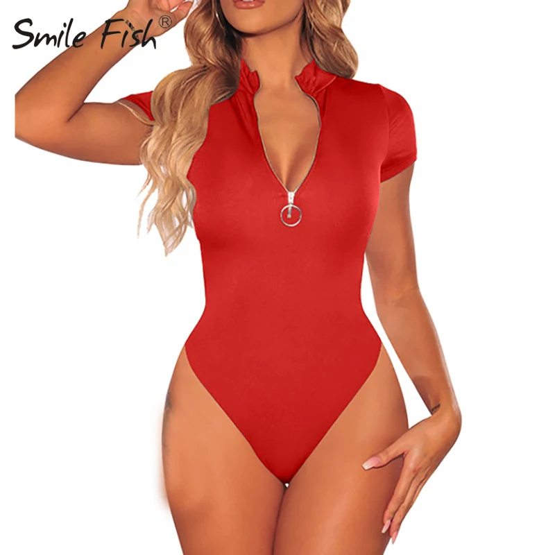 One Piece Solid Casual Short Sleeve Outfits Women Stretchy Zipper Body Sexy Black Rompers Knitting Zip Up Skinny Bodysuits M0714 Aliexpress