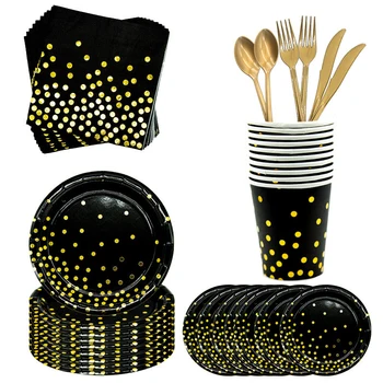 

Black gold Party Disposable Tableware Set Paper Cups Plates Straws Cake Stand Table Decoration Wedding Birthday Party Supplies
