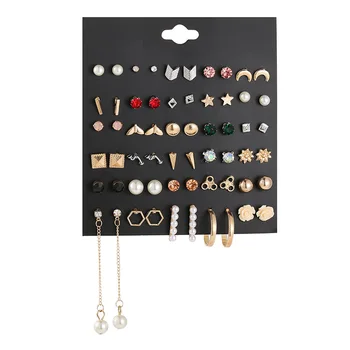 

Simple Geometric Cute Earrings Set for Women Piercing Simulated-pearl Stud Earrings Set with Stone