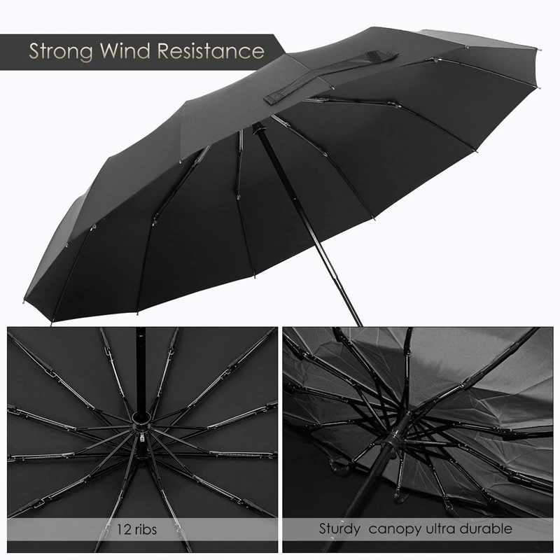 

12 Ribs Windproof Travel Umbrella With Teflon Canopy, Lengthened Handle With Auto Open Close Button, Compact Protection From R