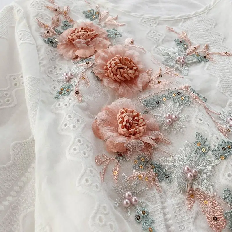 Neploe вышивка 3D цветок блузка, женские рубашки корейский короткий рукав o-образным вырезом Blusas нерегулярные белые милые топы 54131