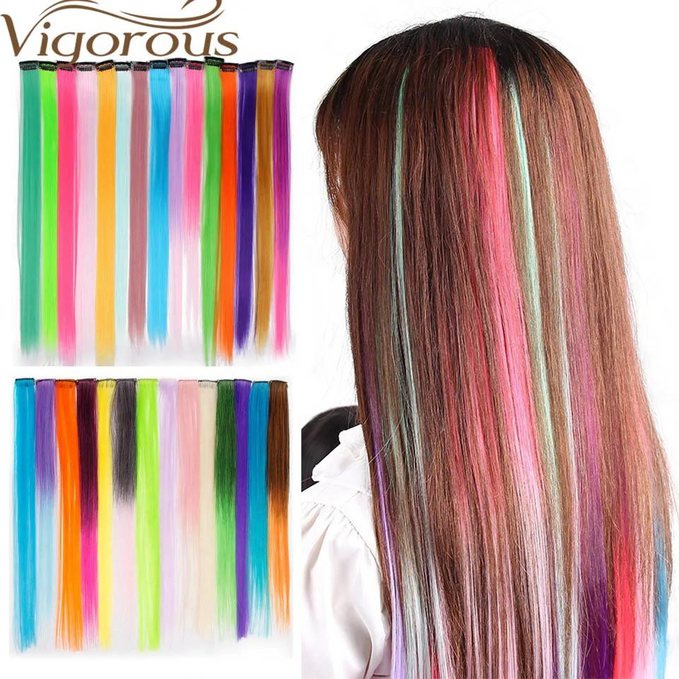 

Vigorous 20inches Long Colored Straight Hairpiece Synthetic Hair Clip In One Piece 45Colors Heat-resistant for Girls