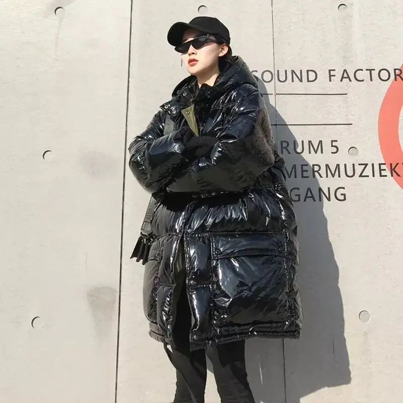 Black with no collar Женские пуховики с воротником из натурального меха, Женская длинная куртка с капюшоном, зимнее женское пуховое пальто размера плюс, свободные глянцевые куртки, верхняя одежда - Цвет: Black with no collar