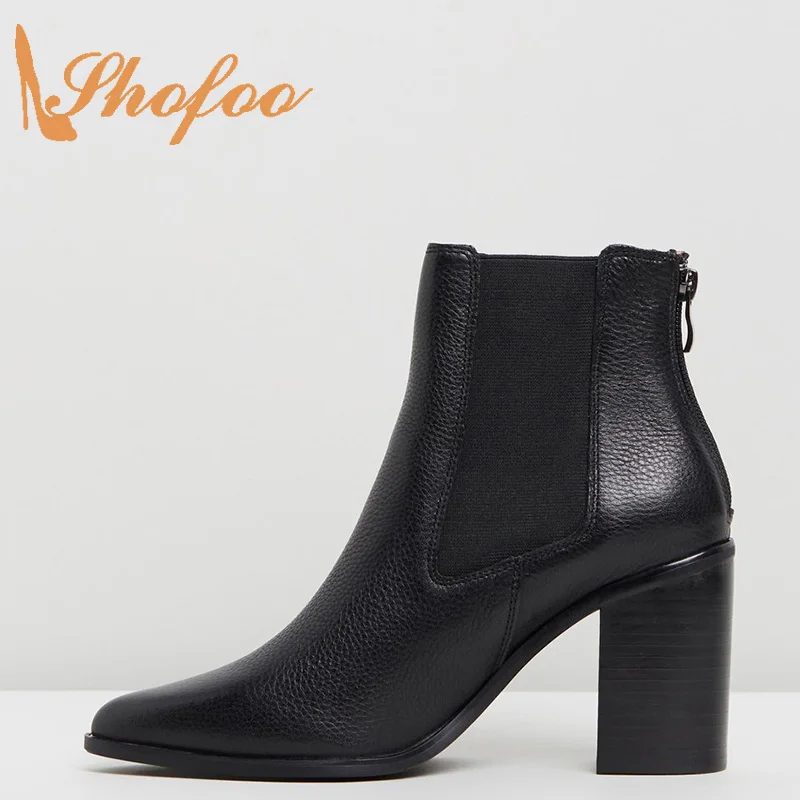 Black Female Winter Booties Shoes Pointed Toe Ankle Chelsea Boots Woman Zipper Mature High Square Heels Large Size 13 14 Shofoo | Обувь