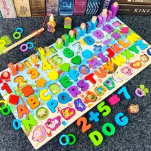 Juguetes educativos Montessori para preescolar, tablero de madera para pesca de figuras geométricas, letras y números, tablero de desarrollo para niños