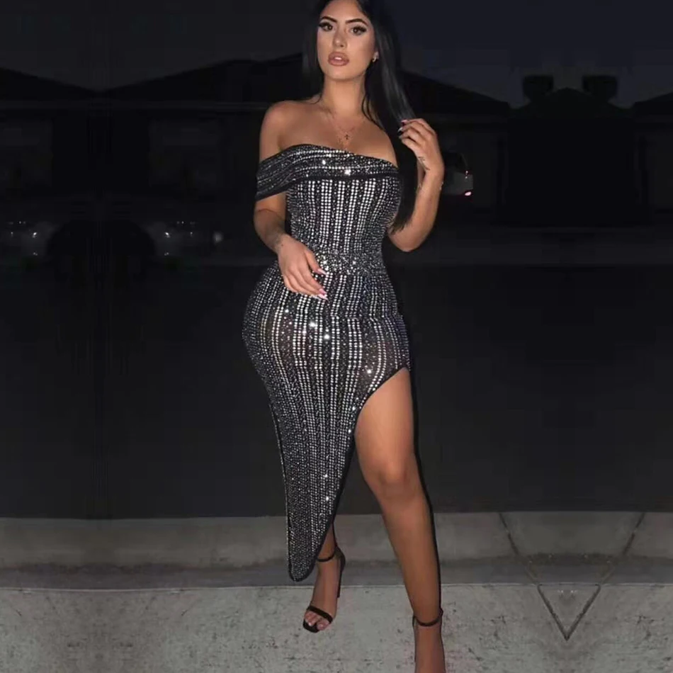 

Adyce 2020 New Summer Sequined Celebrity Runway Evening Party Dress Women Vestido Sexy Short Sleeve Off Shoulder Bead Club Dress