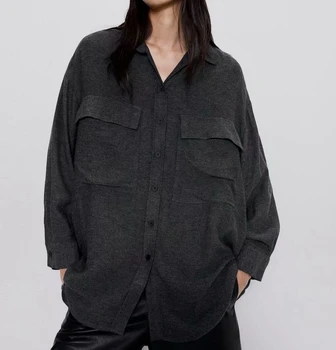

2019 Autumn New Korean Style Casual Loose Pockets Shirt Long Sleeve Turn-down Collar Button Gray Solid Large Size Women Blouses