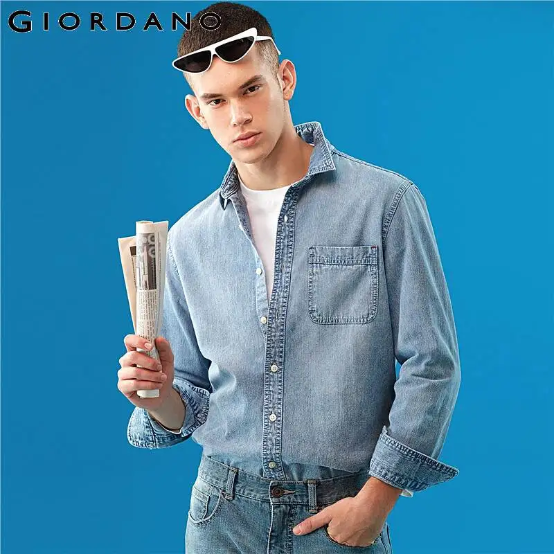 Giordano приталенная Мужская рубашка из джинсовой ткани с длинными рукавами Camisa