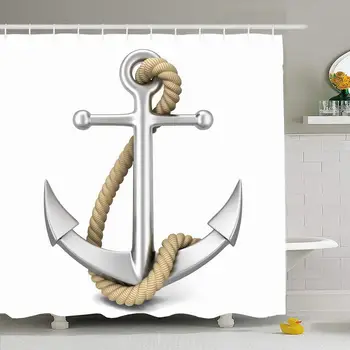 

Shower Curtain Set with Hooks 66x72 Steel Anchor Element 3D Security Isolated Iron On Shipping Nautical Maritime Signs Tourism