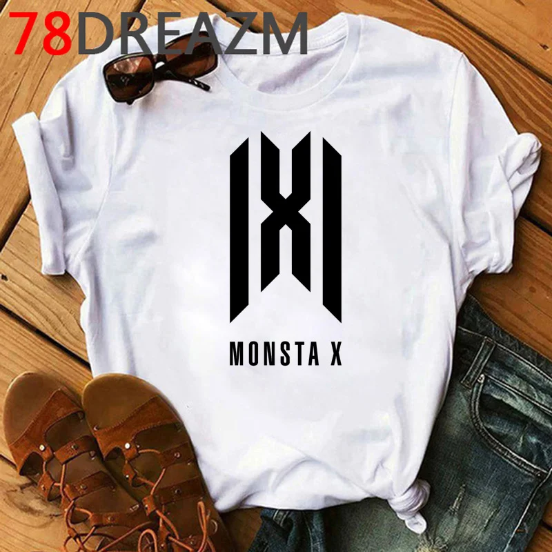 Kpop Monsta X Топы футболка Женская Корейская одежда Новинка летний топ размера плюс