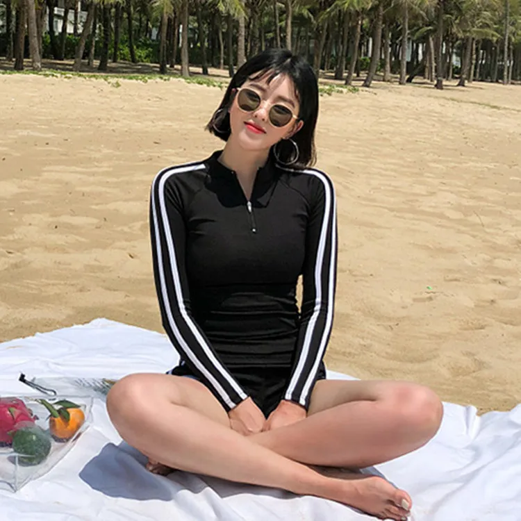 

Korean-style INS Split Type Boxers Holiday Bikini Long Sleeve Belly Covering Sun-resistant Bubble Hot Spring Conservative Zipper