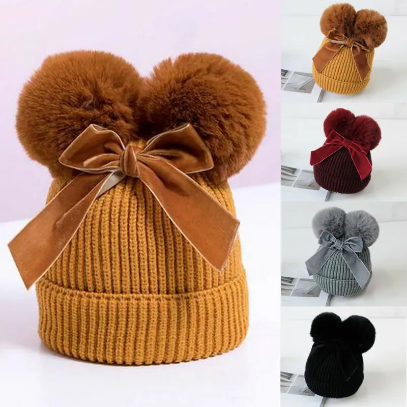 Шапка-бини, шапка, детская зимняя теплая вязаная шапочка для маленьких девочек, двойной шарик-помпон, Плотная шапочка, шапка, От 0 до 3 лет