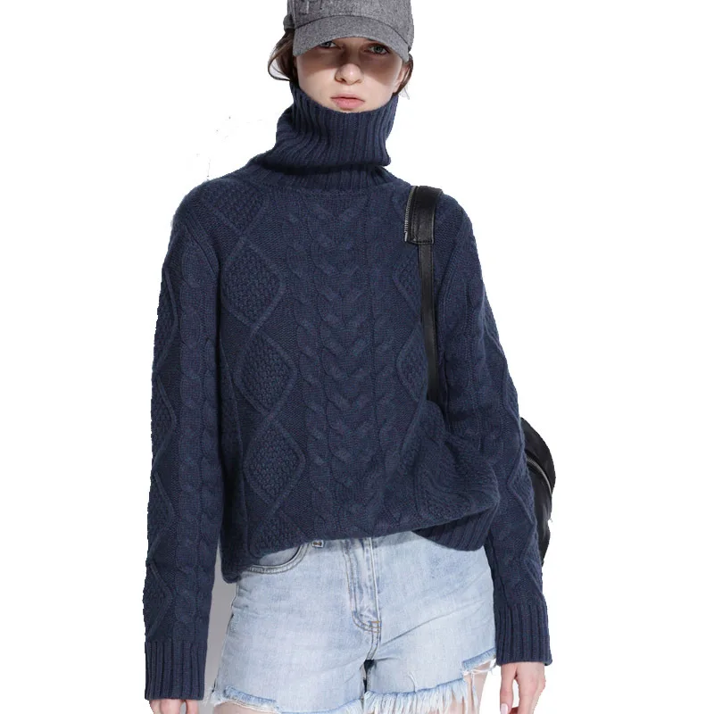 Turtle-Neck Sweater Women's Cable Cashmere Pullover Knitted Versatile Long-Sleeve Base Thick Loose-Fit | Женская одежда