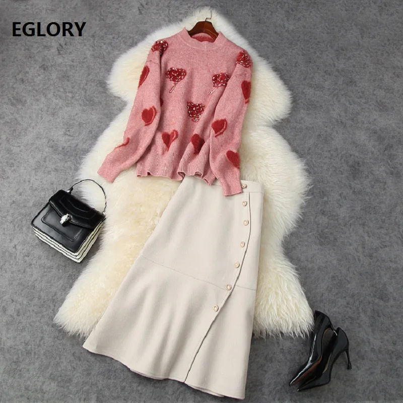 

2020 Autumn Winter Hot Sale Sweater Sets Women Sweetheart Embroidery Pullover Tops+Buttons Up Wool Mermaid Skirt Sets Casual