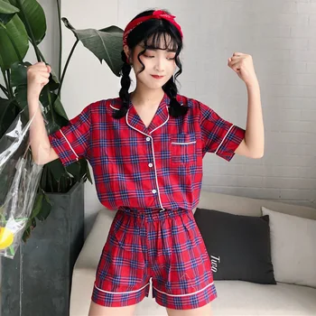 

Fashion Multicolor Plaid Pajama Women Two Piece Set Sleepwear Students Sweet Summer Short Sleeve+Shorts Pocket Home Clothes S995