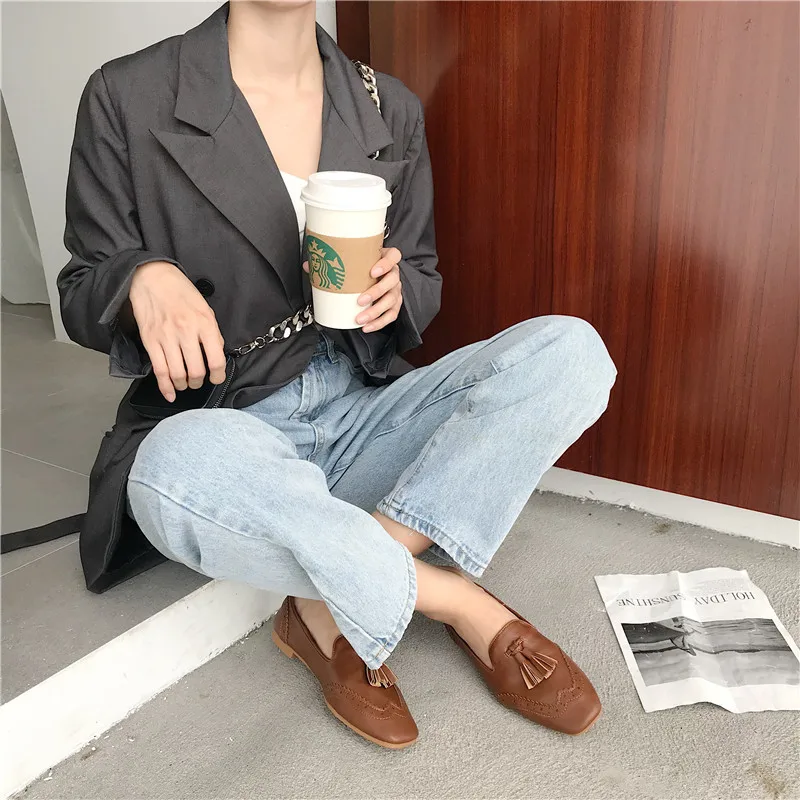 British Style Round Toe Shoes Woman Casual Female Sneakers Loafers Ladies Fringe Shallow Mouth Dress Flats Women Autumn