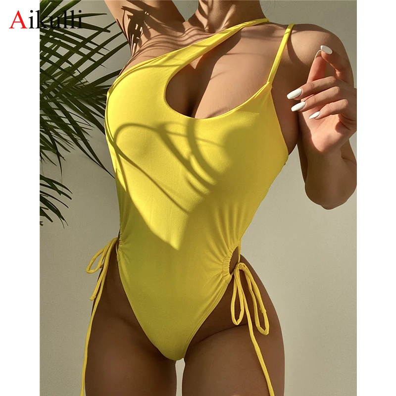 

Sexy One Shoulder One Piece Swimsuits Women Solid High Cut Swimwear Drawstring Swim Suit Female Monokini Bodysuit Bathing Suits
