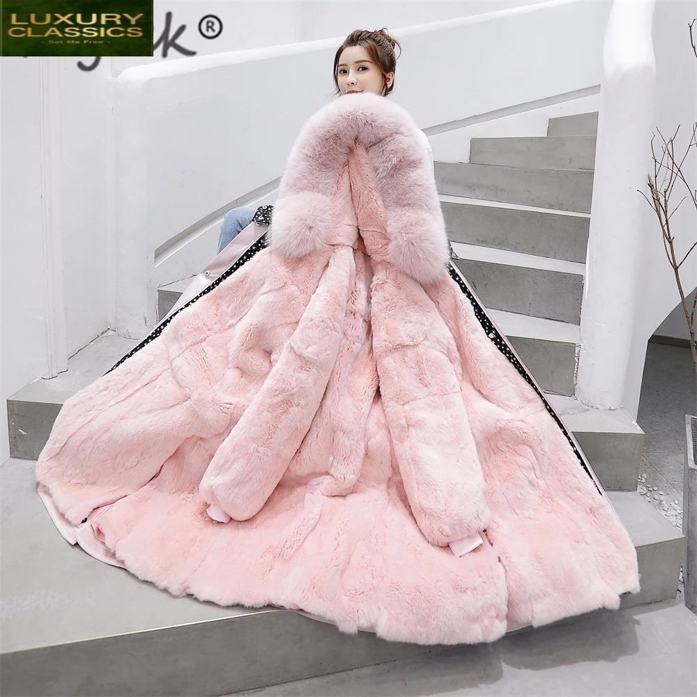 

Coat Winter Real Fur Women Natural Rex Rabbit Fur Parka 2021 Korean Thick Warm Fit Long Jacket Fox Fur Hooded Hiver PK-9T
