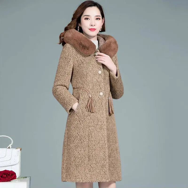 Women Autumn Winter Imitation Mink Cashmere Knitted Cardigan With Faux Fur Collar Sweaters Female Casual Hooded Outwear H74