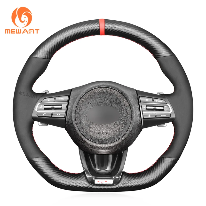 MEWANT Black Suede And Matte PU Carbon Fiber Car Steering Wheel Cover Braids for Kia Stinger 2017 2018 2019 2020