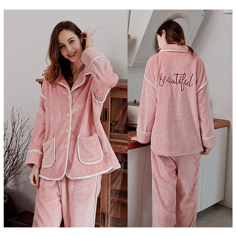 Зимние пижамные комплекты для женщин, утепленные фланелевые комплекты из 2 предметов, Дамская пижама, пижамный комплект, сплошной цвет, элегантные, большие размеры - Цвет: CAVME 2 Pink