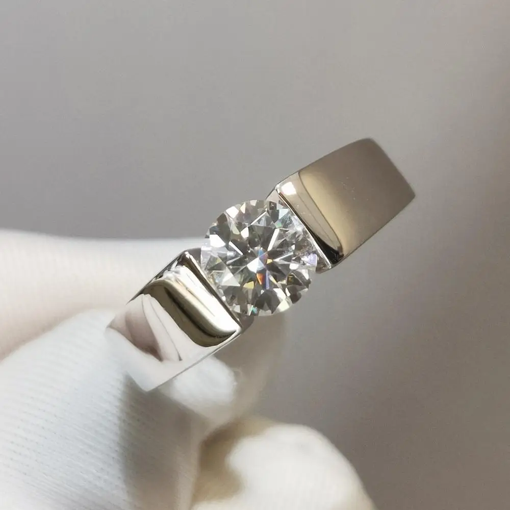 

14K White Gold men Ring excellent cut Moissanite 1ct Carat D Color Engagement Anniversary gift Seiko Thick Gold Inlay