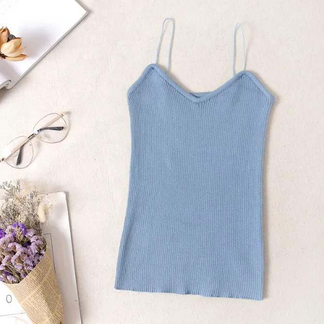 Women Summer Sexy Camisole Tanks Slim Casual Tank Tops Lady's Undershirt Solid Breathable Shoulder Vest For Female - Цвет: Lake Blue