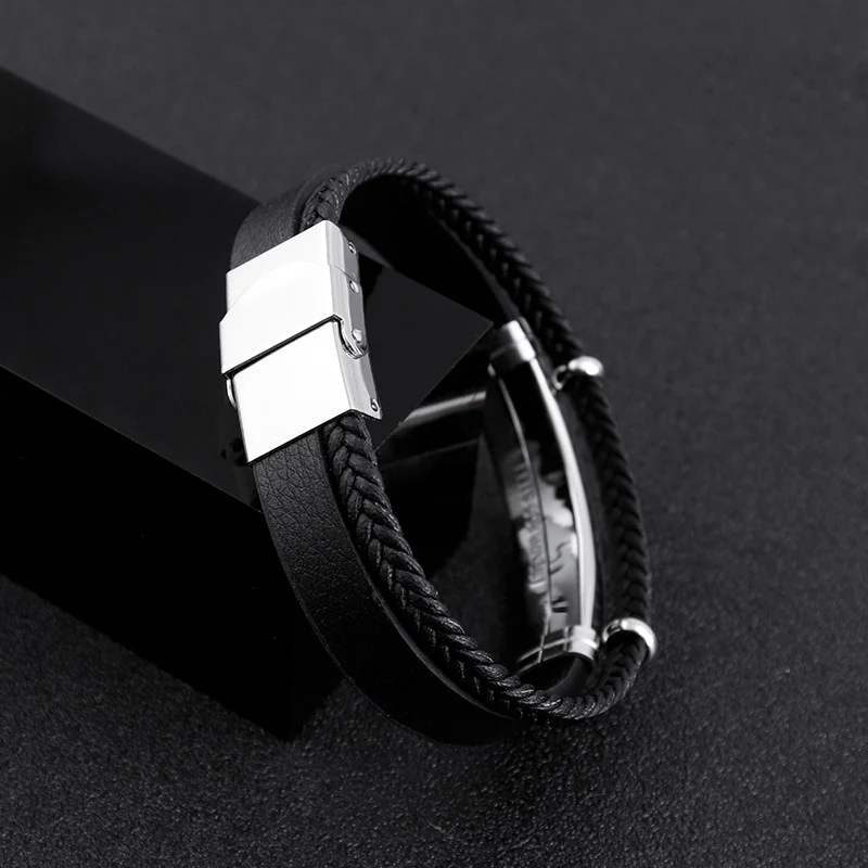 Leather Bracelet Blank For Engrave Stainless Steel Plate To Engrave Layer Leather Bracelet Bangles For Men Wholesale 10pcs 4