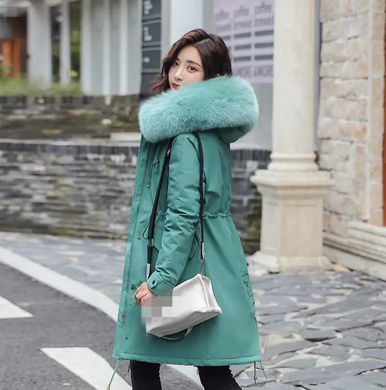 Новое Женское длинное пальто осень зима теплое бархатное плотное пальто из искусственного меха Парка женская однотонная куртка с большим карманом верхняя одежда - Цвет: Зеленый