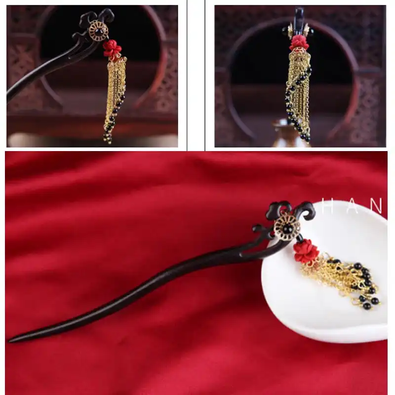 Kanzashi Hair Stick Hair Pin Bun Holder Black Wood Ebony Copper