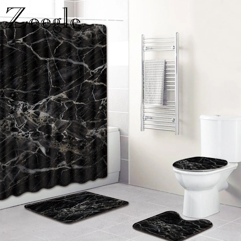 Bathroom Non-Slip Pedestal Rug Lid Toilet Cover Bath Mat Shower Curtain Waterproof Polyester Bathroom Curtain Decor Bath Mat