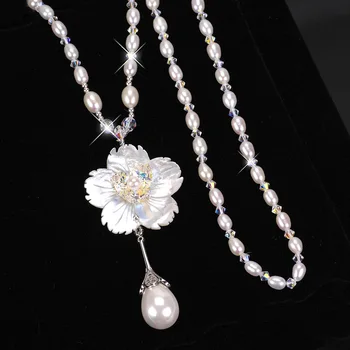

Elegant Shell Pearl Necklaces Handmade Flower Water Drop Pendant Long Necklace Tassel Sweater Chain Crystal Beads Chain Jewelry