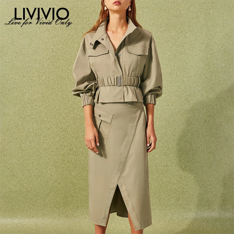 

[LIVIVIO] With Belt Waisted Two Piece Matching Sets For Women Long Sleeve Jacket Midi Skirt Female Suits 2019 Autumn Fashion