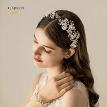 TOPQUEEN HP272 свадебная тиара с серебряным листом, свадебная повязка на голову, жемчужные украшения для волос, роскошные прозрачные свадебные тиары, аксессуары для волос
