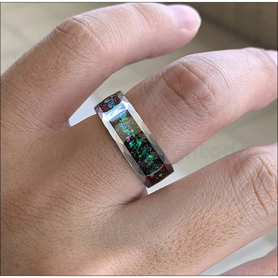 8mm Hammered Tungsten Carbide Rings Galaxy Series Opal Inlay For Man Women Wedding Bands Silvery Facets Brushed Comfort Fit 8mm Hammered Tungsten Carbide Rings Galaxy Series Opal Inlay For Man Women Wedding Bands Silvery Facets Brushed Comfort Fit