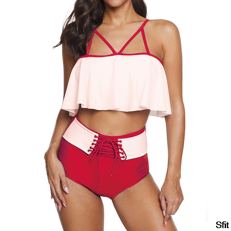 Woman Sexy Bikini Set Patchwork Ruffle Takini Mesh Vintage Retro Bathing Suit Knotted High Waist Bikini Set Female Biquine Woman Sexy Bikini Set Patchwork Ruffle Takini Mesh Vintage Retro Bathing Suit Knotted High Waist Bikini Set Female Biquine