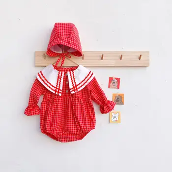 

Baby Autumn Clothes 2020 New Kids Boys Girls Long Sleeve Red Plaid Bodysuit Spring Cute Large Lapel Lotus Sleeve Overall Outfits