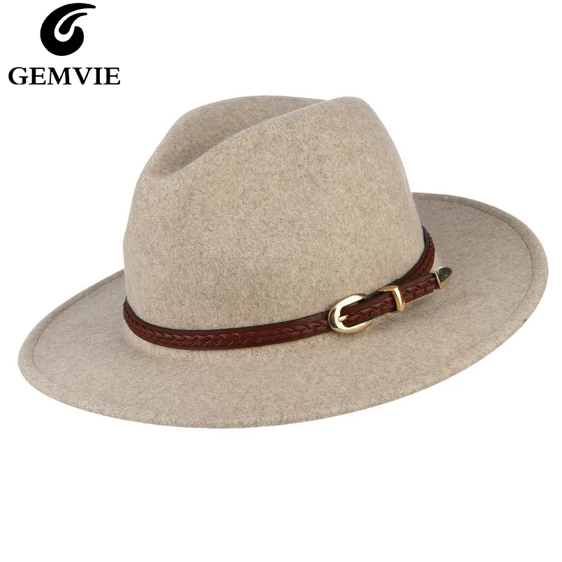 GEMVIE New Wide Brim Wool Women Fedora With Buckle Leather Band Felt Hat New Warm Autumn Winter Panama Jazz Cap