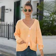 V Neck Single-breasted Women Cardigan Pockets Long Sleeve Casual Knitted Sweater Outwear Ladies Solid Knitwear Damen Strickjacke