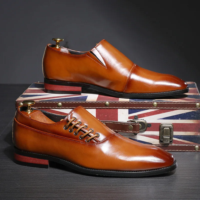Men Leather Shoes Formal Dress Wedding Shoes Red Wine British Style Business Office Lace-Up Leather Loafers ui98