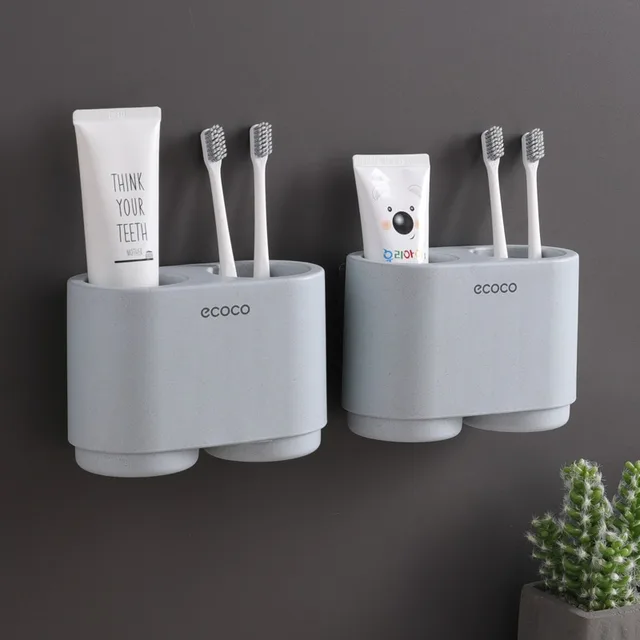 ECOCO Magnetic Adsorption Inverted Toothbrush Holder Simple Toothpaste Storage Rack with Wash Cup Punch Free Bathroom Sets 2pc Blue